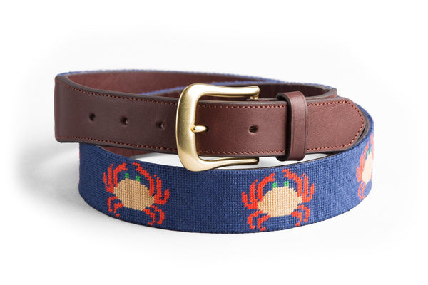 Crab Needlepoint Belt - Deep Blue